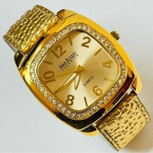 Joan Rivers Classics Big Face Women's Gold Watch Metallic Croco Leather Crystals